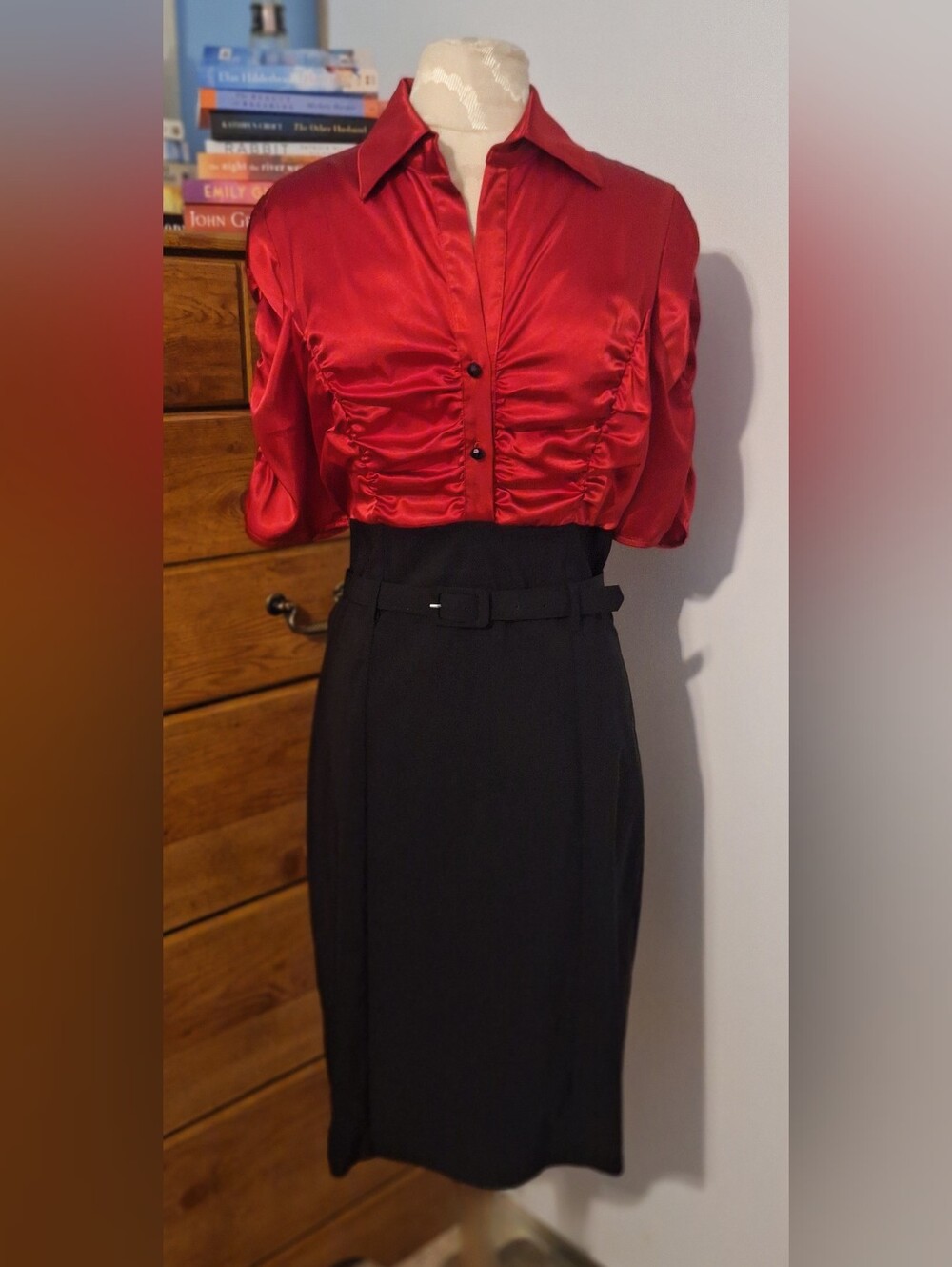 High-Waisted Dress- Red Satin Top With Black Pencil Skirt with Belt